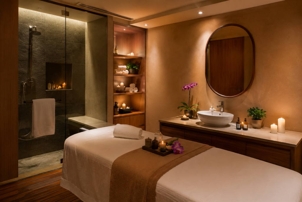 Modern luxury spa massage room with massage bed, candles, soft lighting, orchid flowers, and wellness treatment setup for relaxation and stress relief.