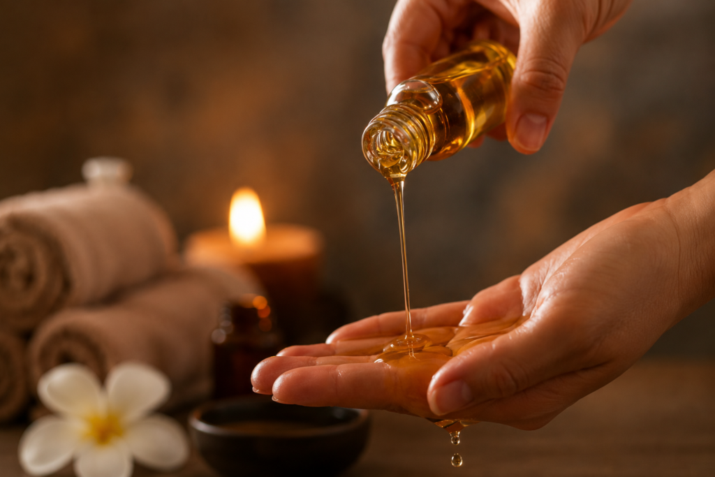 Hands cupping warm massage oil as it pours from a bottle, spa setting visible in the background.