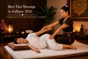 Thai massage therapist performing assisted stretch on client at a luxury spa in jodhpur 2026
