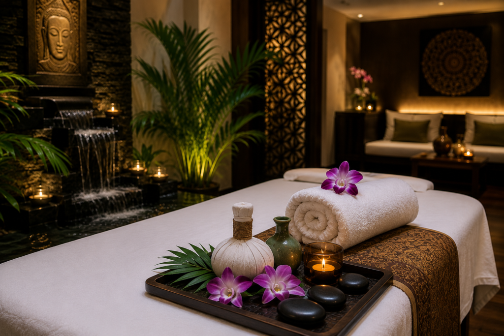 Spa massage table with rolled white towels, orchid flowers, and a tray of decorative bottles, candles, and smooth stones in a warm-lit lounge area