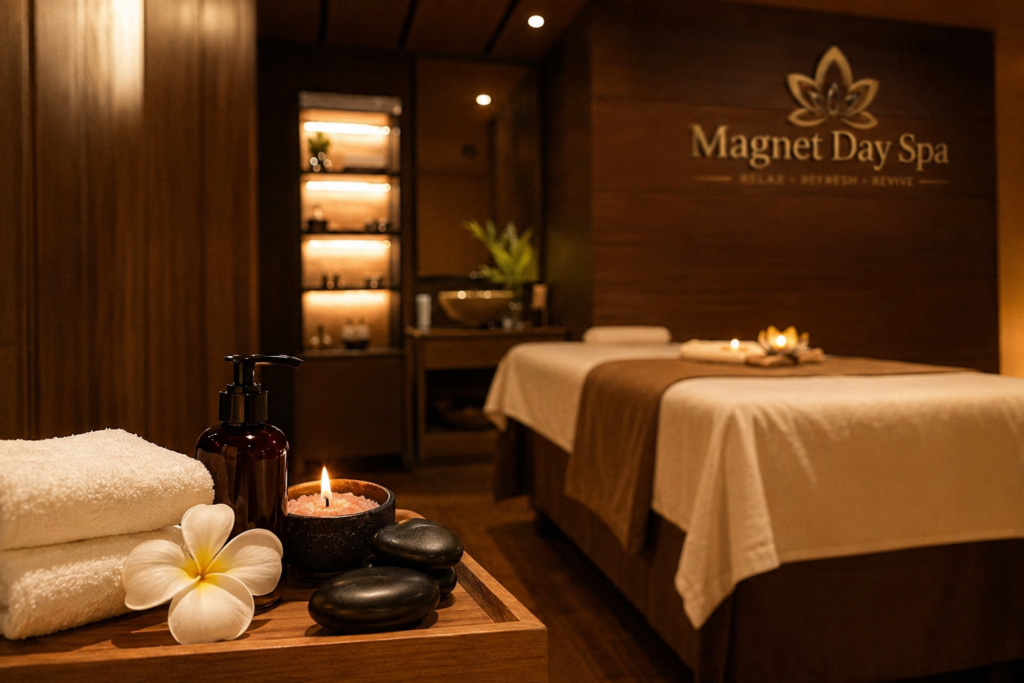 Spa treatment room with two massage beds, warm lighting, and a candle-lit tray in the foreground