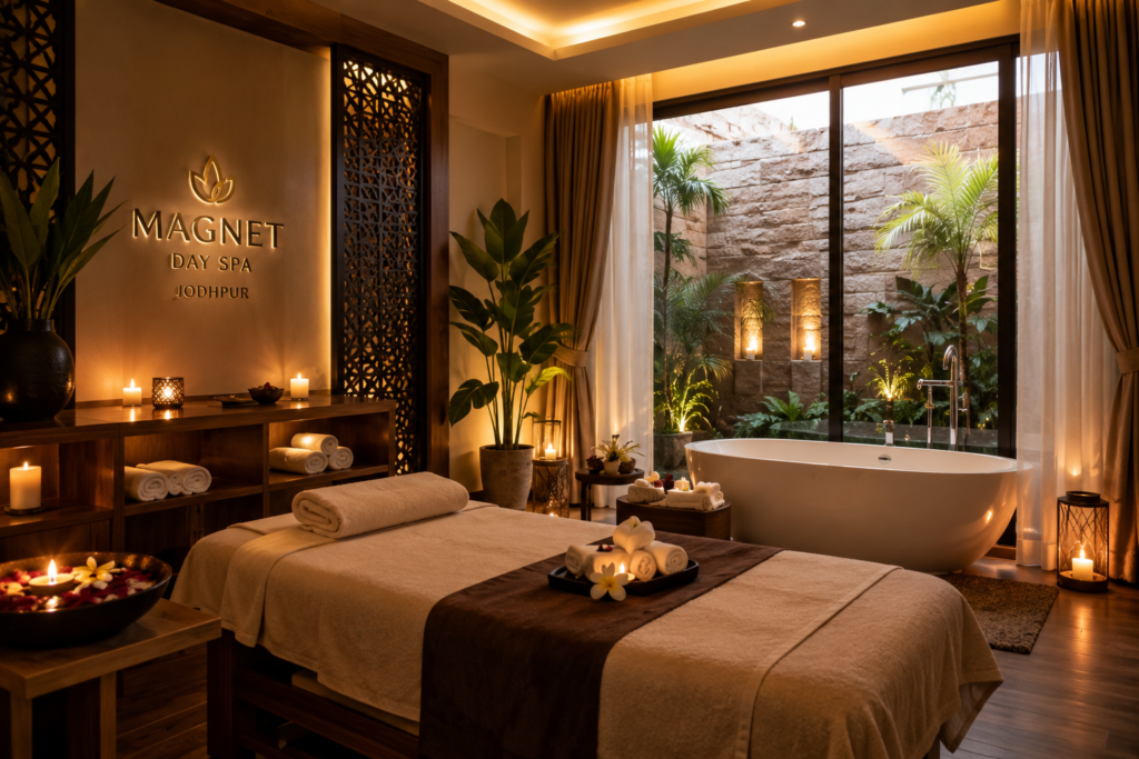 ChatGPT Image Jul 6 2026 11_20_31 AM - Magnet Day Spa Spa treatment room with a massage bed, folded towels, candles, and a freestanding tub by a large glass wall.